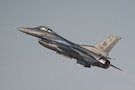 A U.S. Air Force F-16C Fighting Falcon assigned to the 555th Fighter Squadron at Aviano Air Base, Italy, performs aerial maneuvers Nov. 15, 2025, over Al Maktoum International Airport in Dubai, United Arab Emirates. The multi-role fighter aircraft rehearsed its performance prior to the Dubai Airshow 2025. (U.S. Air Force photo by Tech. Sgt. Justin Norton)