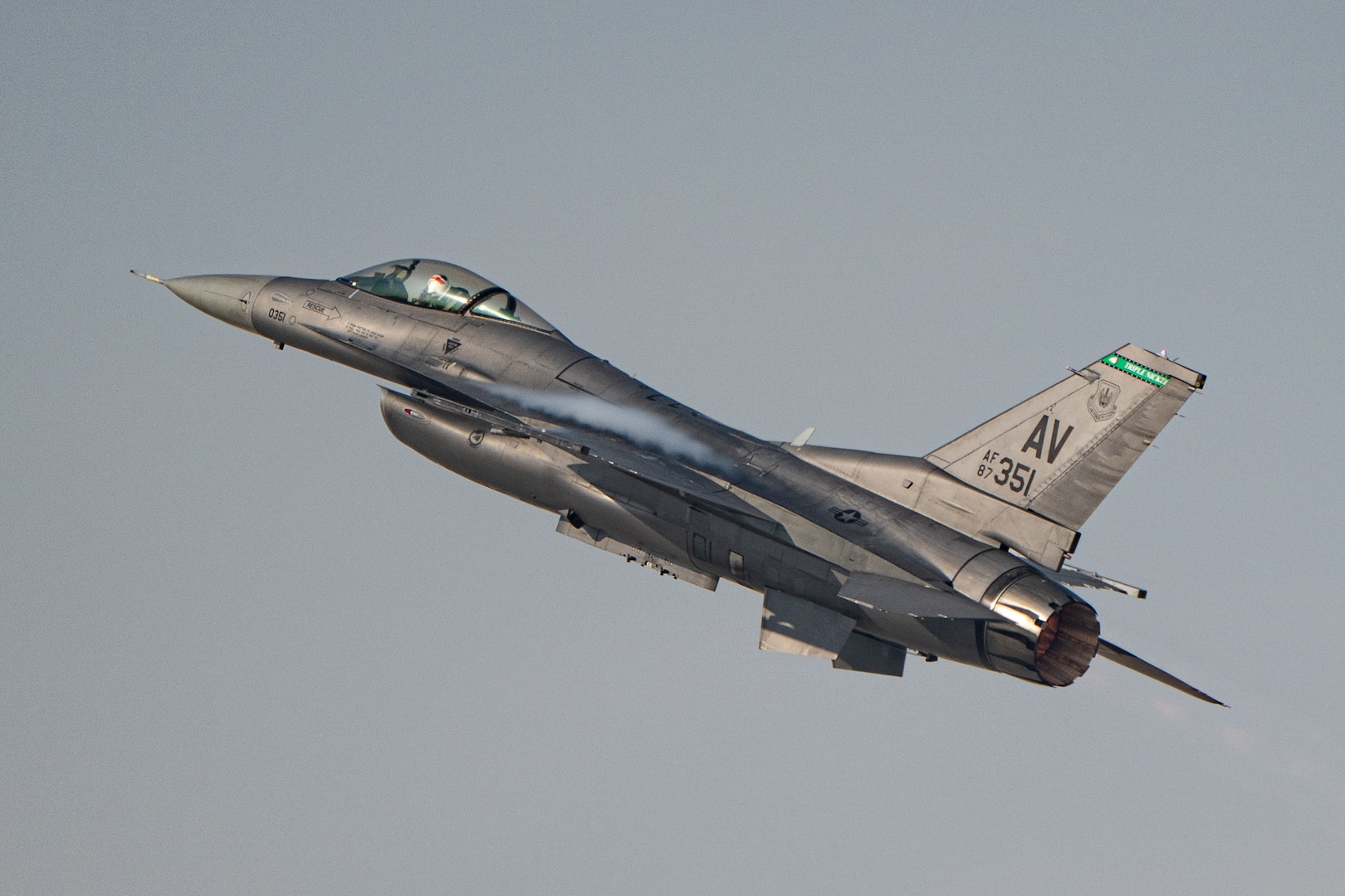 A U.S. Air Force F-16C Fighting Falcon assigned to the 555th Fighter Squadron at Aviano Air Base, Italy, performs aerial maneuvers Nov. 15, 2025, over Al Maktoum International Airport in Dubai, United Arab Emirates. The multi-role fighter aircraft rehearsed its performance prior to the Dubai Airshow 2025. (U.S. Air Force photo by Tech. Sgt. Justin Norton)