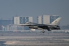 An F-16C Fighting Falcon assigned to the 555th Fighter Squadron from Aviano Air Base, Italy, lands Nov. 16, 2025, at Al Maktoum International Airport in Dubai, United Arab Emirates. The multi-role fighter aircraft rehearsed its performance prior to the Dubai Airshow 2025. (U.S. Air Force photo by Tech. Sgt. Justin Norton)