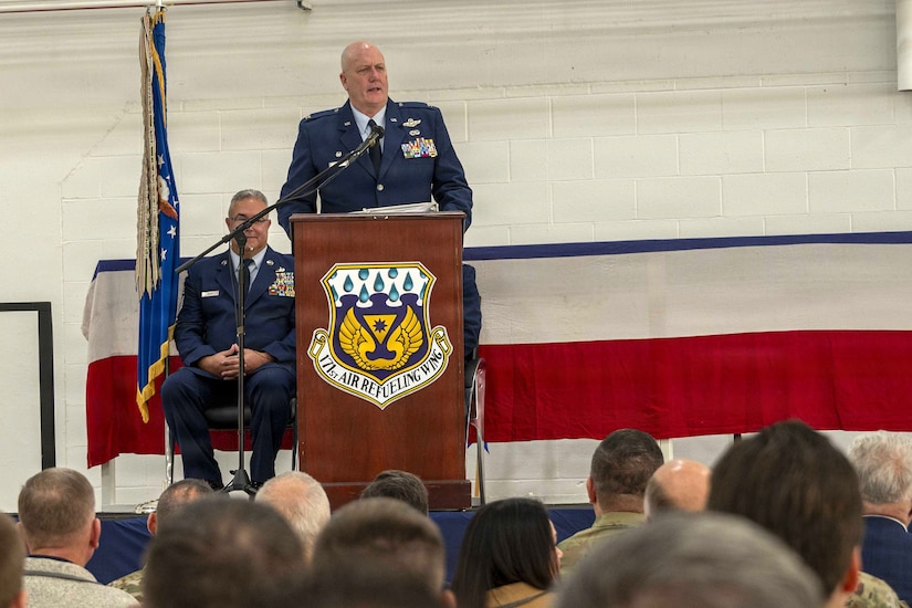 Col. Raymond L. Hyland Jr., outgoing commander of the 171st Air Refueling Wing, gives his final remarks to the members of the 171st during a change of command ceremony Oct. 26, 2025, near Pittsburgh, Pennsylvania. Hyland who served as commander since 2021 has over 25 years of service at the 171st. (U.S. Air National Guard photo by Tech. Sgt. Zoe M. Wockenfuss)