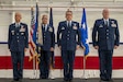 Pennsylvania Air National Guardsman Colonel Ryan D. Strong, third from left, takes command of the 171st Air Refueling Wing during a change of command ceremony Oct. 26, 2025, near Pittsburgh, Pennsylvania. Upon taking command, Strong became the wing’s 24th commander. (U.S. Air National Guard photo by Tech. Sgt. Zoe M. Wockenfuss)