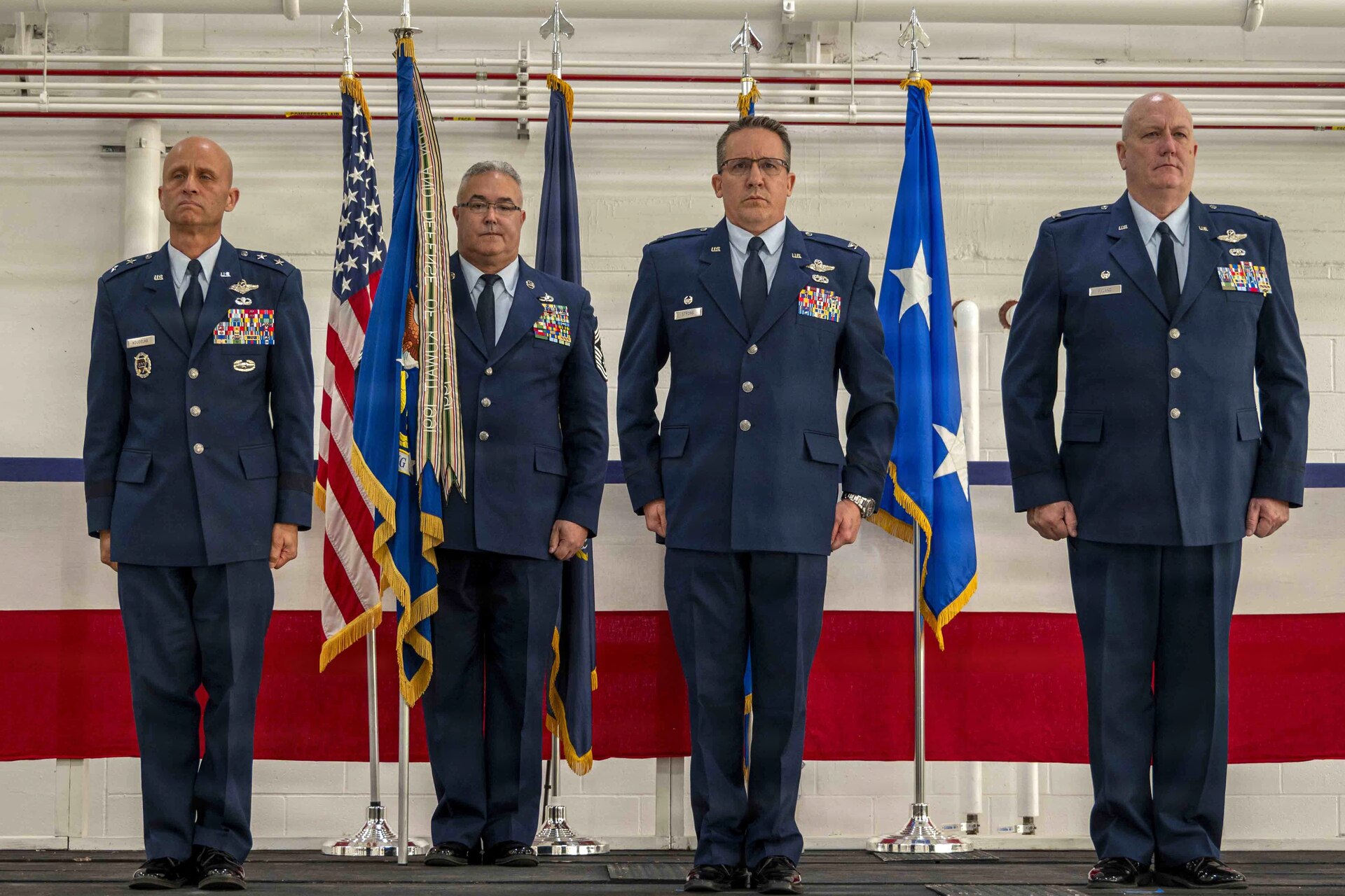 Pennsylvania Air National Guardsman Colonel Ryan D. Strong, third from left, takes command of the 171st Air Refueling Wing during a change of command ceremony Oct. 26, 2025, near Pittsburgh, Pennsylvania. Upon taking command, Strong became the wing’s 24th commander. (U.S. Air National Guard photo by Tech. Sgt. Zoe M. Wockenfuss)