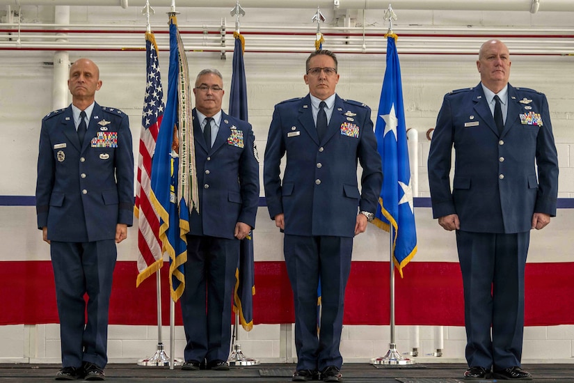 Pennsylvania Air National Guardsman Colonel Ryan D. Strong, third from left, takes command of the 171st Air Refueling Wing during a change of command ceremony Oct. 26, 2025, near Pittsburgh, Pennsylvania. Upon taking command, Strong became the wing’s 24th commander. (U.S. Air National Guard photo by Tech. Sgt. Zoe M. Wockenfuss)