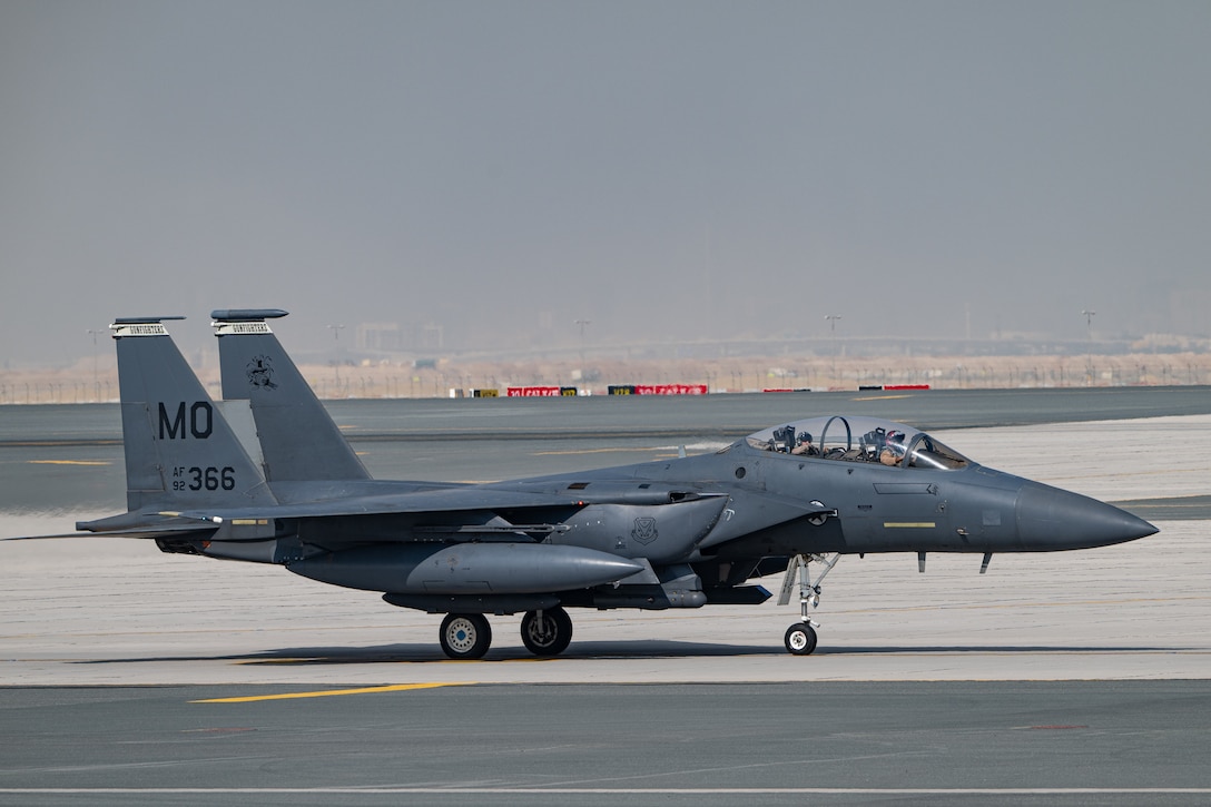 A U.S. Air Force F-15E Strike Eagle aircraft assigned to the 391st Fighter Squadron from Mountain Home Air Force Base, Idaho, taxis Nov. 15, 2025, at Al Maktoum International Airport in Dubai, United Arab Emirates, Nov. 15, 2025. The premier air-to-air and air-to-ground fighter was featured at the Dubai Airshow 2025 along with other U.S. aircraft showcasing American airpower on a global stage. (U.S. Air Force photo by Tech. Sgt. Justin Norton)