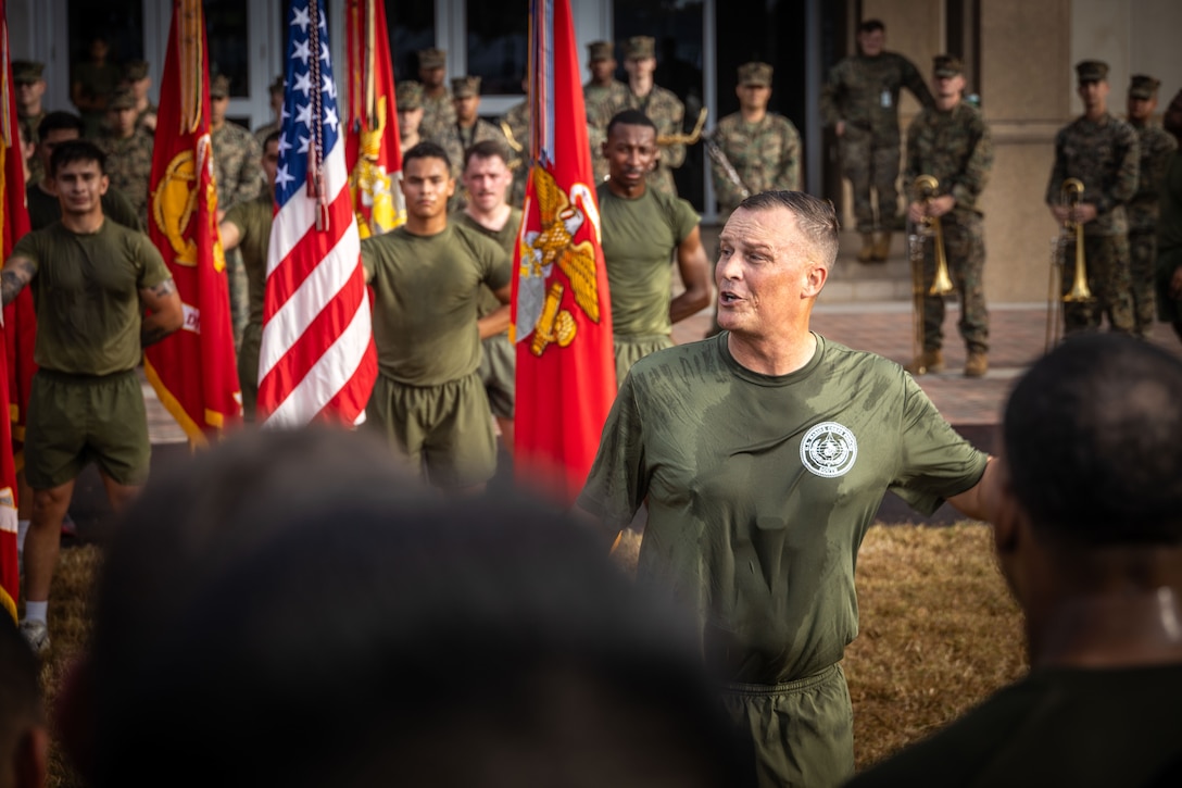 U.S. Marine Corps Lt. Gen. Leonard F. Anderson IV, commander, Marine Forces Reserve and Marine Forces South, gives a speech after an annual birthday motivational run celebrating the 250th birthday of the U.S. Marine Corps, in New Orleans, Nov. 7, 2025. The run started at the Marine Corps Support Facility New Orleans and traveled along the Mississippi River ending back at MCSF. The run celebrates the history of the Marine Corps and creates esprit de corps and comradery among Marines. (U.S. Marine Corps photo by Lance Cpl. Edward Spears)