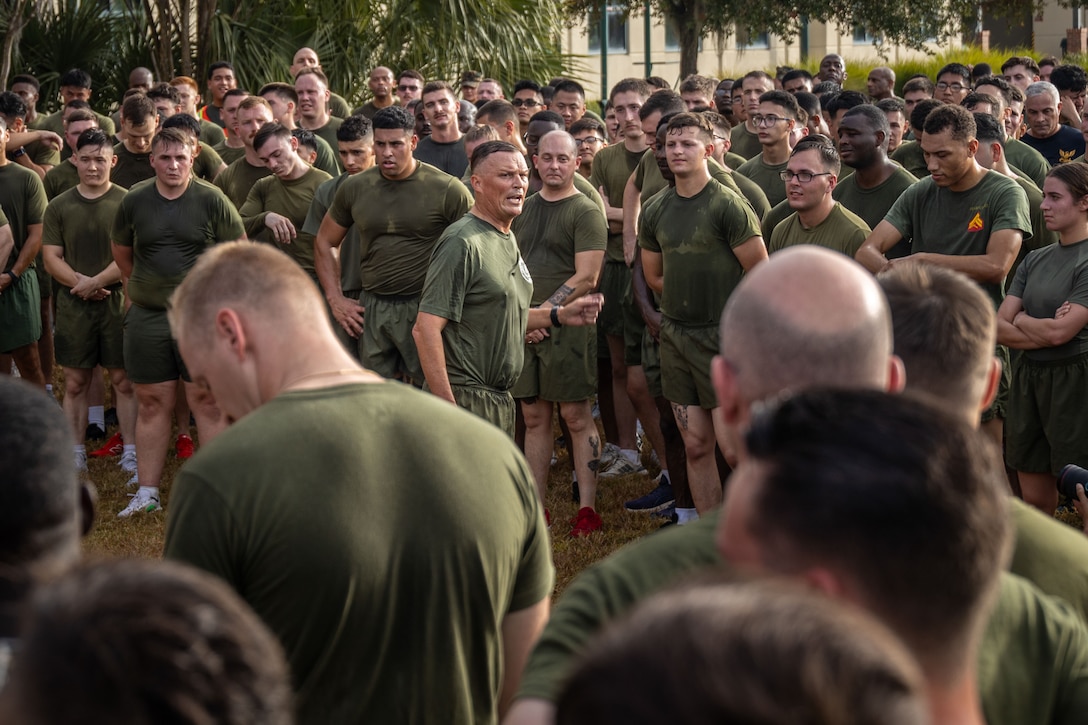 U.S. Marine Corps Lt. Gen. Leonard F. Anderson IV, commander, Marine Forces Reserve and Marine Forces South, gives a speech after an annual birthday motivational run celebrating the 250th birthday of the U.S. Marine Corps, in New Orleans, Nov. 7, 2025. The run started at the Marine Corps Support Facility New Orleans and traveled along the Mississippi River ending back at MCSF. The run celebrates the history of the Marine Corps and creates esprit de corps and comradery among Marines. (U.S. Marine Corps photo by Lance Cpl. Edward Spears)