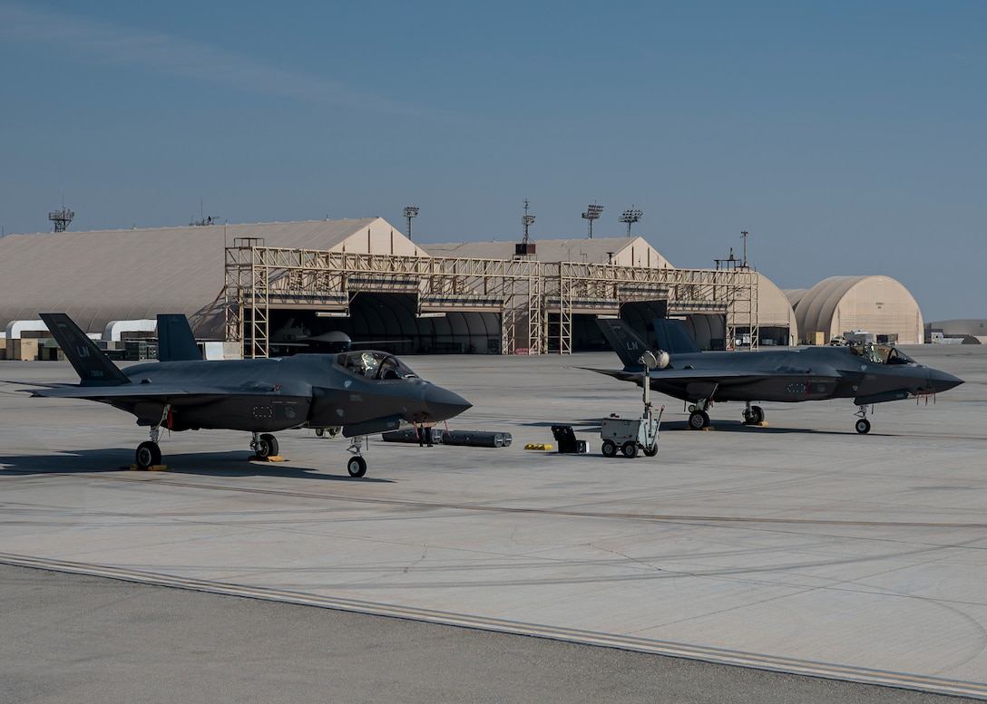Two U.S. Air Force F-35A Lightning IIs are staged at Al Dhafra Air Base, United Arab Emirates, on Nov. 17, 2025. The aircraft will be used by the team to perform at the Dubai Airshow, showcasing the power and precision of America’s most advanced fifth-generation fighter. (U.S. Air Force photo by Staff Sgt. Nicholas Rupiper)