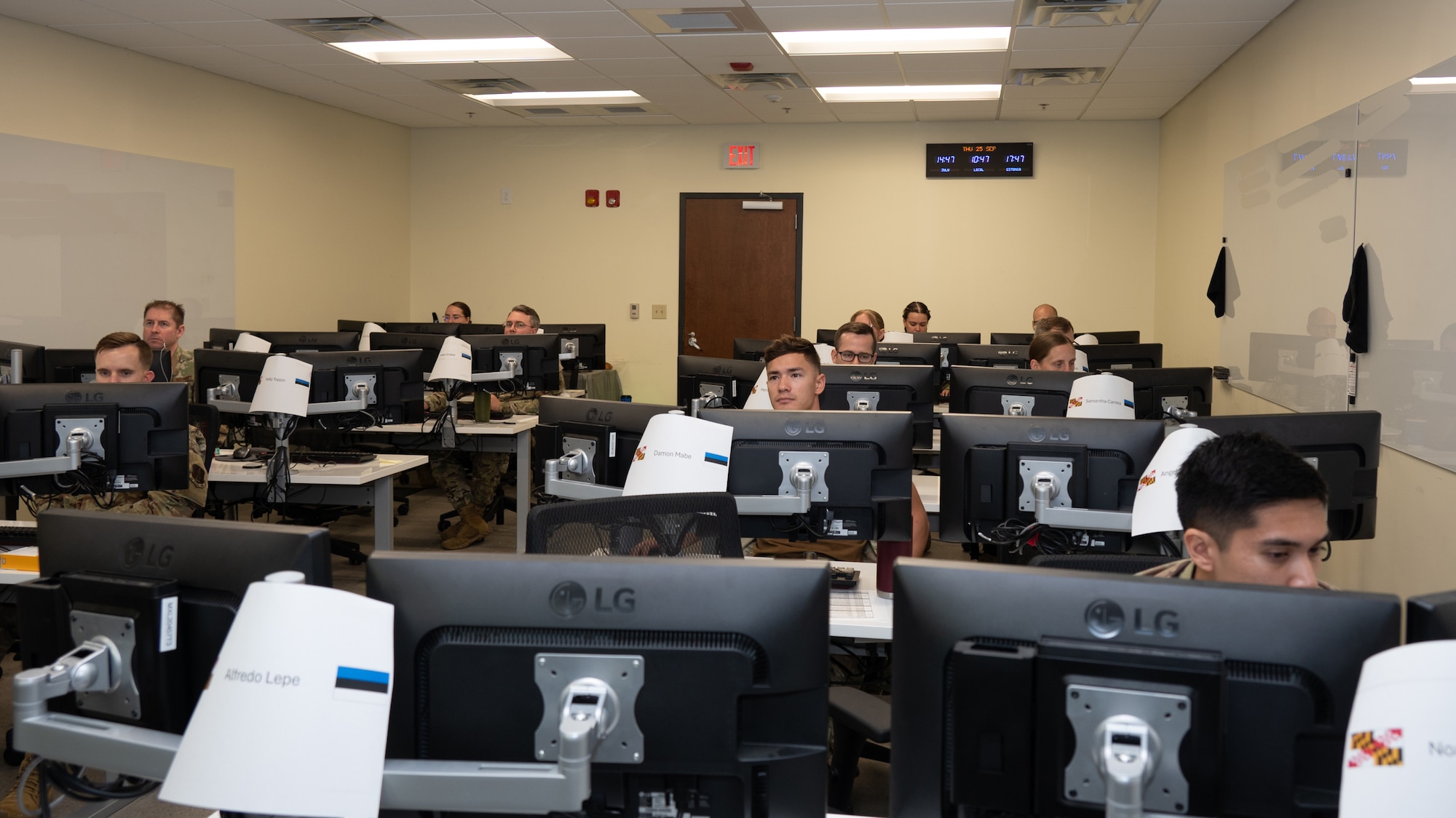 Maryland National Guard cyberspace operators participate in Baltic Blitz 25 at Warfield Air National Guard Base at Martin State Airport, September 25, 2025. Members of the Estonian Defence Forces led the exchange by conducting workshops throughout the week focusing on tactics and capabilities related to critical thinking, as well as the collection and management of information. Portions of this image were blurred for security reasons. (U.S. Air National Guard Photo by Airman 1st Class Sarah Hoover)