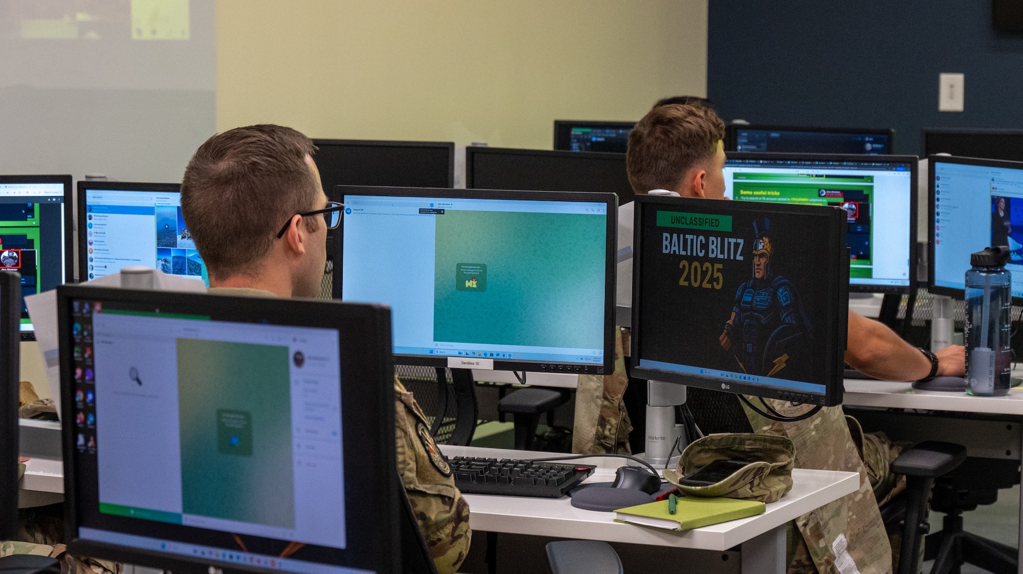 Maryland National Guard cyberspace operators participate in Baltic Blitz 25 at Warfield Air National Guard Base at Martin State Airport, September 25, 2025. Members of the Estonian Defence Forces led the exchange by conducting workshops throughout the week focusing on tactics and capabilities related to critical thinking, as well as the collection and management of information. (U.S. Air National Guard Photo by Airman 1st Class Sarah Hoover)