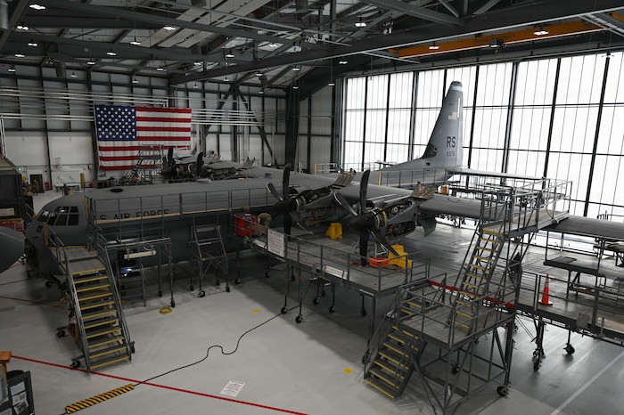 A U.S. Air Force C-130J Super Hercules undergoes a routine inspection at Ramstein Air Base, Germany, Nov. 13, 2025.