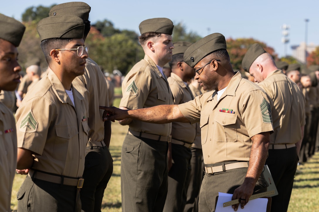 U.S. Marines with Headquarters Battalion, Marine Forces Reserve, conduct a uniform inspection at Marine Corps Support Facility New Orleans, Oct. 24, 2025. The inspection was conducted to evaluate the Marines’ appearance and adherence to standards while promoting discipline and attention to detail. (U.S. Marine Corps photo by Lance Cpl. Van Hoang)