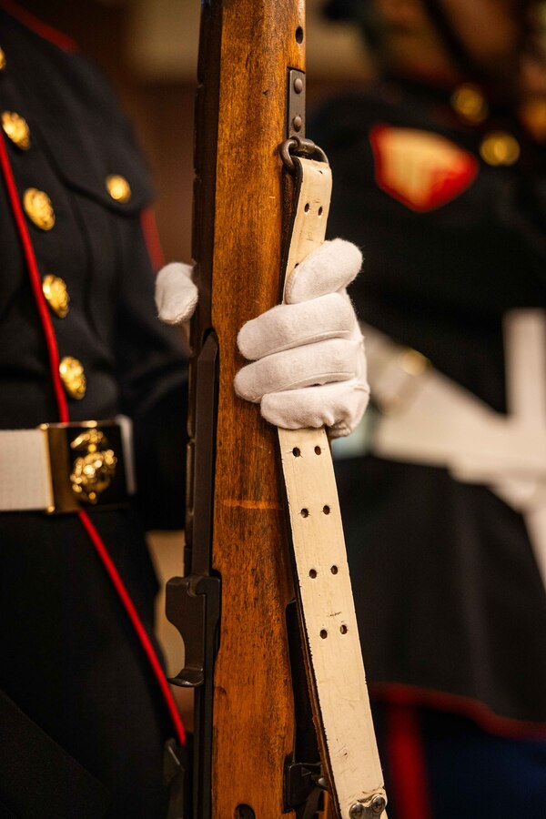 The Marine Forces Reserve Color Guard takes part in the Navy's 250th birthday ceremony at Marine Corps Support Facility New Orleans, Oct. 15, 2025. The Marine Forces Reserve Color Guard participation demonstrates the significance of the bond between the Marine Corps and in the U.S. Navy. MARFORRES has more than 1,000 Sailors serving at more than 150 Marine Corps Reserve training centers across the nation supporting the Total Force to be ready to fight and win our nation's battles. (U.S. Marine Corps photo by Lance Cpl. Edward Spears)