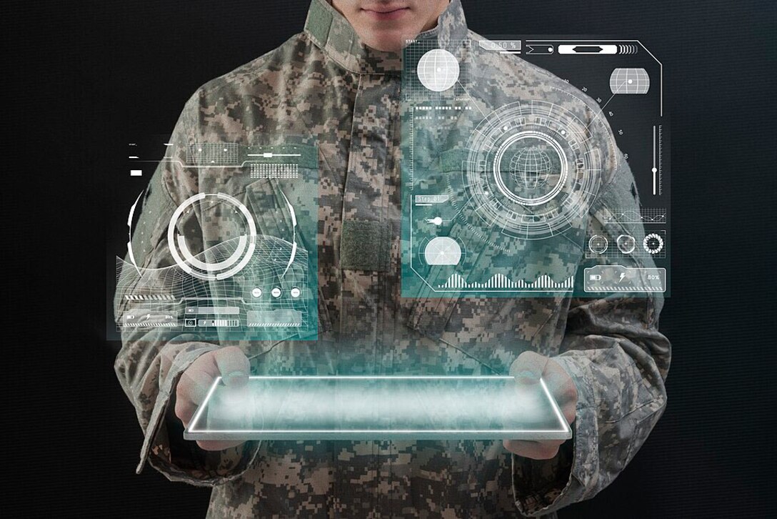 Soldier using virtual tablet hologram army technology