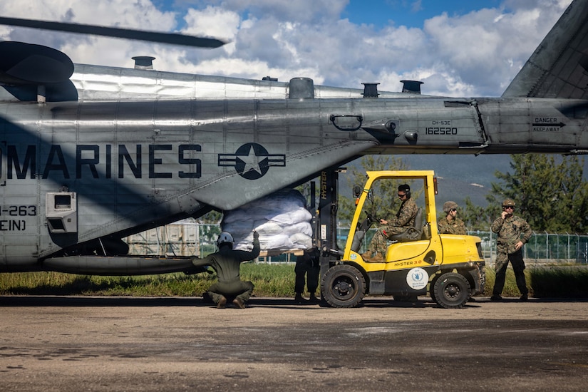 A man wearing a camouflage military uniform drives a forklift with a pallet of supplies into the back of a military aircraft while another man in a military flight suit guides him. Two other men in camouflage military uniforms observe in the background.