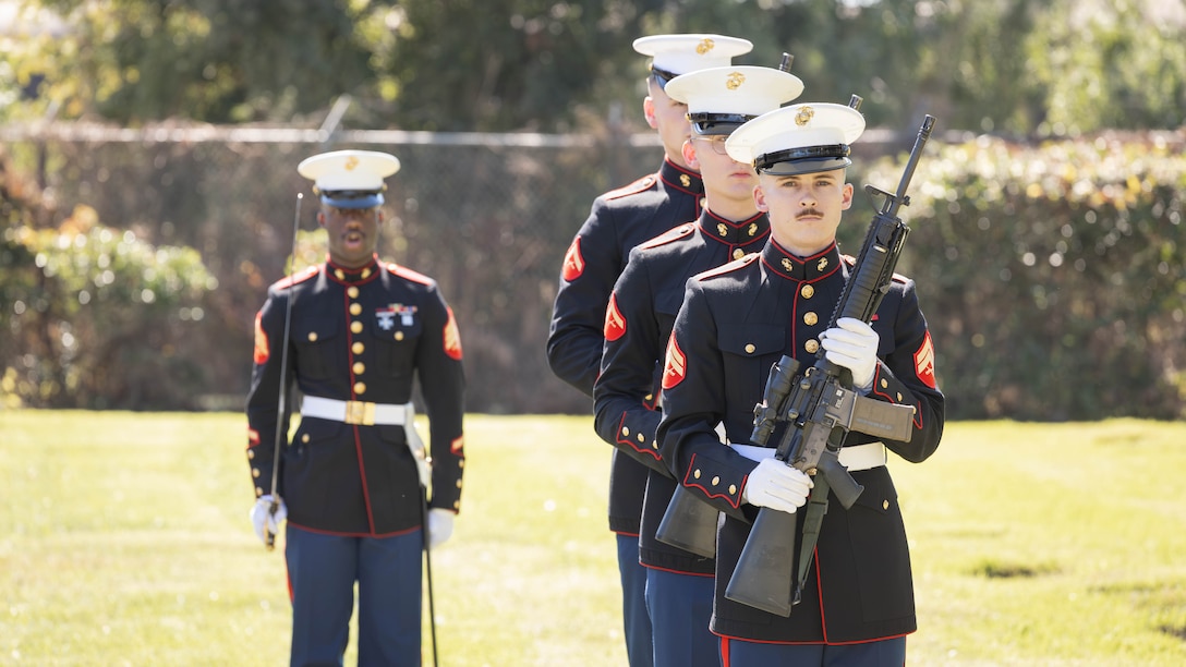 U.S. Marines with Headquarters Battalion, Marine Forces Reserve prepare to conduct a three-volley gun salute for U.S. Marine Corps Sgt. Frank Schmaltz at the Garden of Memories Funeral Home and Cemetery, Metairie, Louisiana, Oct. 13, 2025. Funeral Honors stands committed to ensuring that every Marine who has served receives the proper respects, serving as a final tribute to their life and a lasting demonstration of the nation's appreciation for their unwavering defense of our country, whether in times of conflict or peace. (U.S. Marine Corps photo by Lance Cpl. Van Hoang)