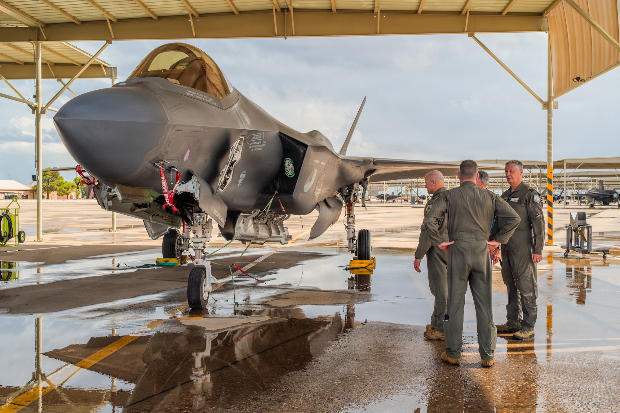 Leadership from the U.S. Air Force and Royal Netherlands Air and Space Force tour an F-35A Lightning II during a base visit