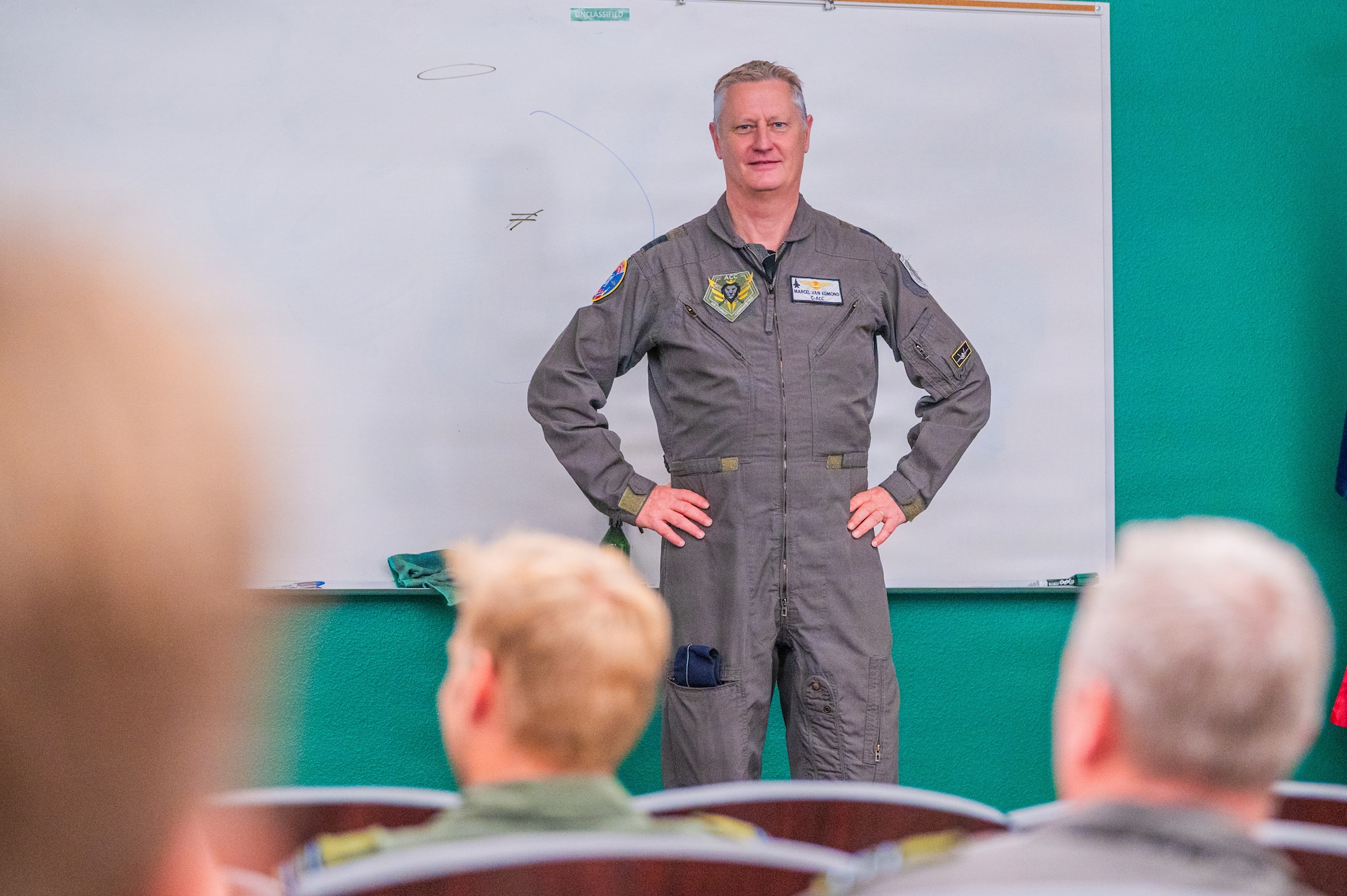 Royal Netherlands Air and Space Force Brig. Gen. Marcel van Egmond, RNLASF Air Combat Command commander, prepares to give a briefing during a base visit