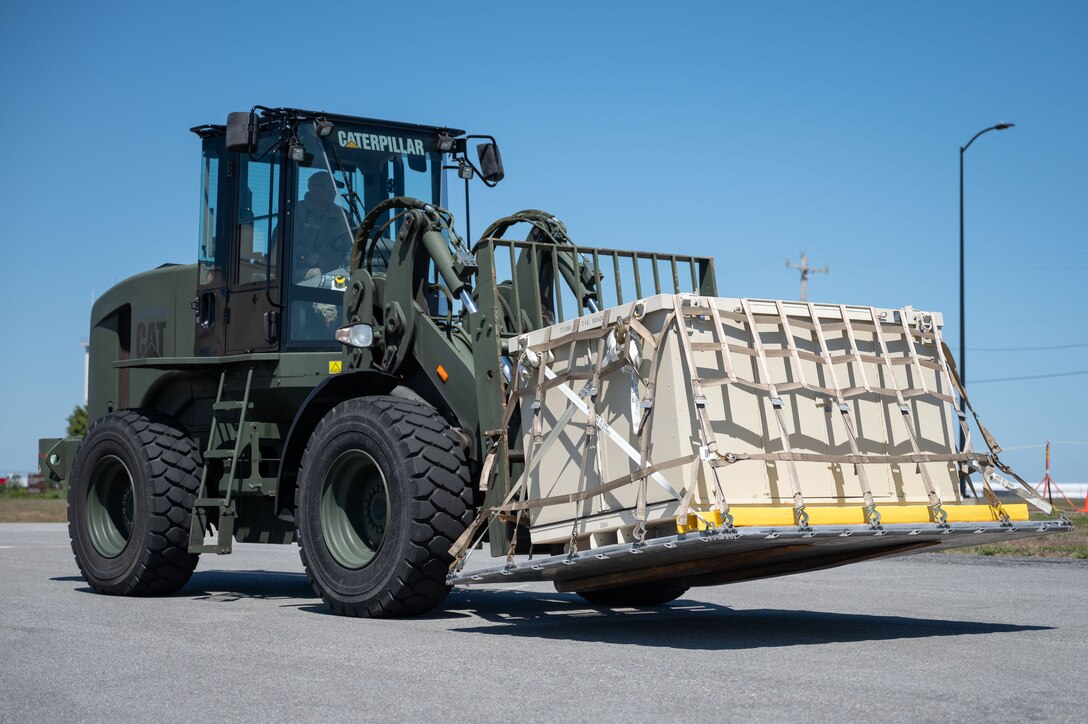 U.S. Air Force Tech. Sgt. Tusshar Kheti, 102nd Logistics Readiness Squadron vehicle management specialist, drives a forklift during Exercise Formosa Guardian on Otis Air National Guard Base, Massachusetts, Aug. 22, 2025.
