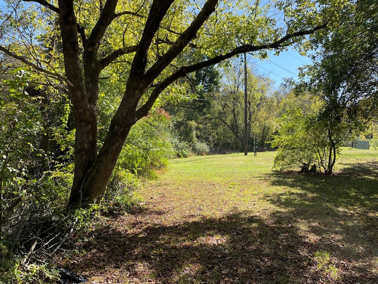 Pre-construction view of the downstream section of the Blount Avenue Channel Modification in Cleveland, Tenn., near Beard Circle. The project will modify 1,300 linear feet of channel to improve water flow and reduce flood risks along South Mouse Creek. Photo courtesy of USACE.