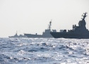 The Israel Defense Force SA’AR 6-class corvette INS Magen, left, the Arleigh Burke-class guided-missile destroyer USS Mitscher (DDG 57), center, and the Israel Defense Force SA’AR 5-class corvette INS Hanit sail in formation during a passing exercise (PASSEX) in the U.S. Central Command (CENTCOM) area of responsibility, Nov. 13, 2025. Mitscher is deployed to the U.S. 5th Fleet area of operations to support maritime security and stability in the CENTCOM area of responsibility.