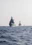 The Israel Defense Force SA’AR 6-class corvette INS Magen, front, the Arleigh Burke-class guided-missile destroyer USS Mitscher (DDG 57), middle, and the Israel Defense Force SA’AR 5-class corvette INS Hanit sail in formation during a passing exercise (PASSEX) in the U.S. Central Command (CENTCOM) area of responsibility, Nov. 13, 2025. Mitscher is deployed to the U.S. 5th Fleet area of operations to support maritime security and stability in the CENTCOM area of responsibility.
