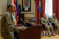 U.S. Air Force Brig. Gen. Matthew McDonough, commander of the 113th Air Wing, District of Columbia Air National Guard, left, speaks at a change of responsibility ceremony transitioning the D.C. Command Chief Master Sgt at the D.C. Armory in Washington, Nov. 9, 2025. The Command Chief Master Sgt. is the principal military advisor to the commanding general on all matters concerning the Air National Guard enlisted force.