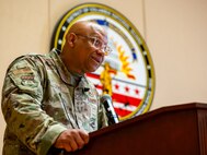 U.S. Air Force Command Chief Master Sgt. Anthony D. Sims speaks at a ceremony in which he assumes the role of District of Columbia Command Chief Master Sergeant at the D.C. Armory in Washington, Nov. 9, 2025. The Command Chief Master Sgt. is the principal military advisor to the Commanding General on all matters concerning the Air National Guard enlisted force.
