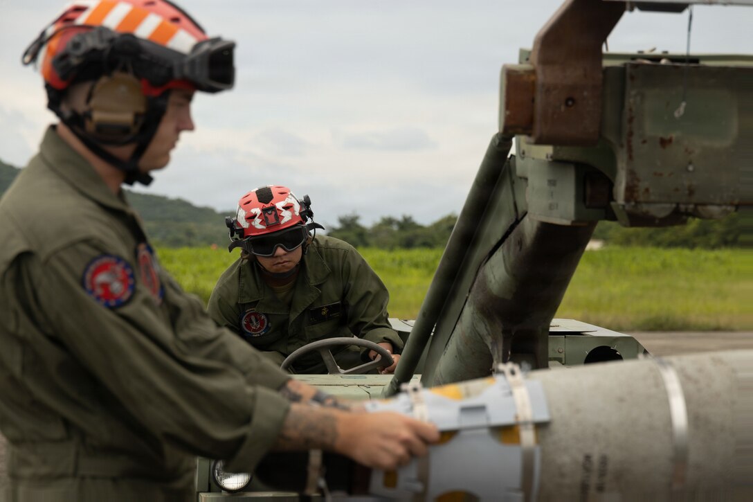 U.S. Marines with Marine Fighter Attack Squadron (VMFA) 225, U.S. Marine Corps Forces, South, load a GBU-54 Laser Joint Direct Attack Munition onto a munitions loader at Jose Aponte de la Torre Airport, Puerto Rico, Oct. 16, 2025. U.S. military forces are deployed to the Caribbean in support of the U.S. Southern Command mission, Department of War-directed operations, and the president’s priorities to disrupt illicit drug trafficking and protect the homeland. (U.S. Marine Corps photo by Lance Cpl. Michael Gavin)