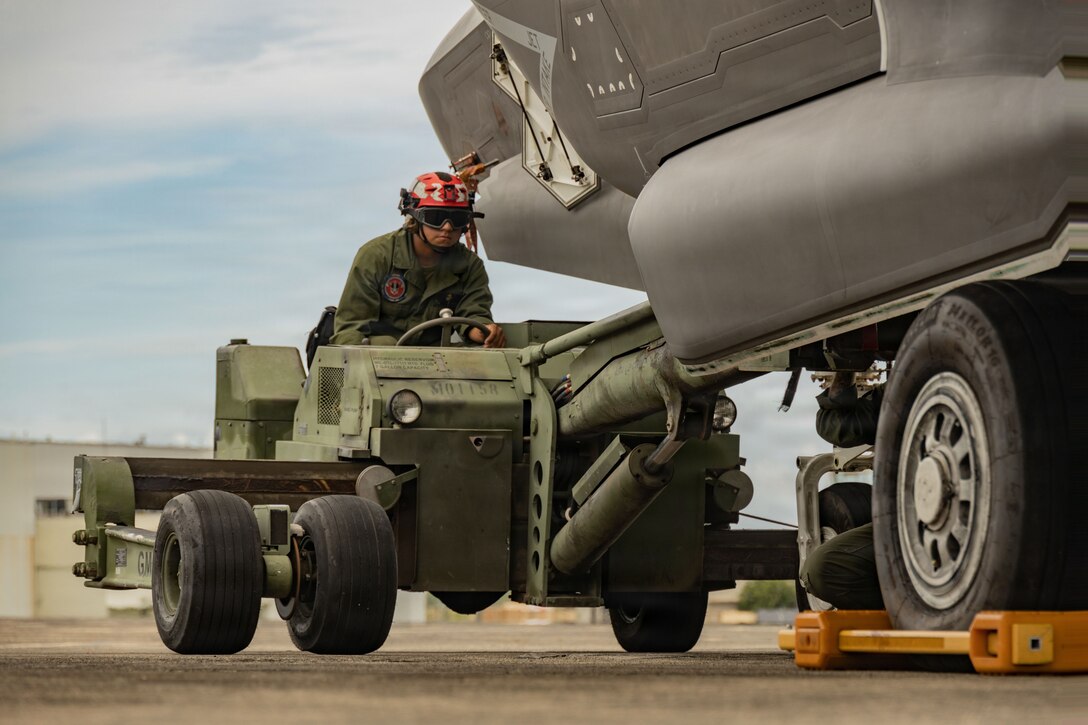U.S. Marines with Marine Fighter Attack Squadron (VMFA) 225, U.S. Marine Corps Forces, South, load a GBU-54 Laser Joint Direct Attack Munition into a U.S. Marine Corps F-35B Lightning II assigned to VMFA-225 at Jose Aponte de la Torre Airport, Puerto Rico, Oct. 16, 2025. U.S. military forces are deployed to the Caribbean in support of the U.S. Southern Command mission, Department of War-directed operations, and the president’s priorities to disrupt illicit drug trafficking and protect the homeland. (U.S. Marine Corps photo by Lance Cpl. Michael Gavin)