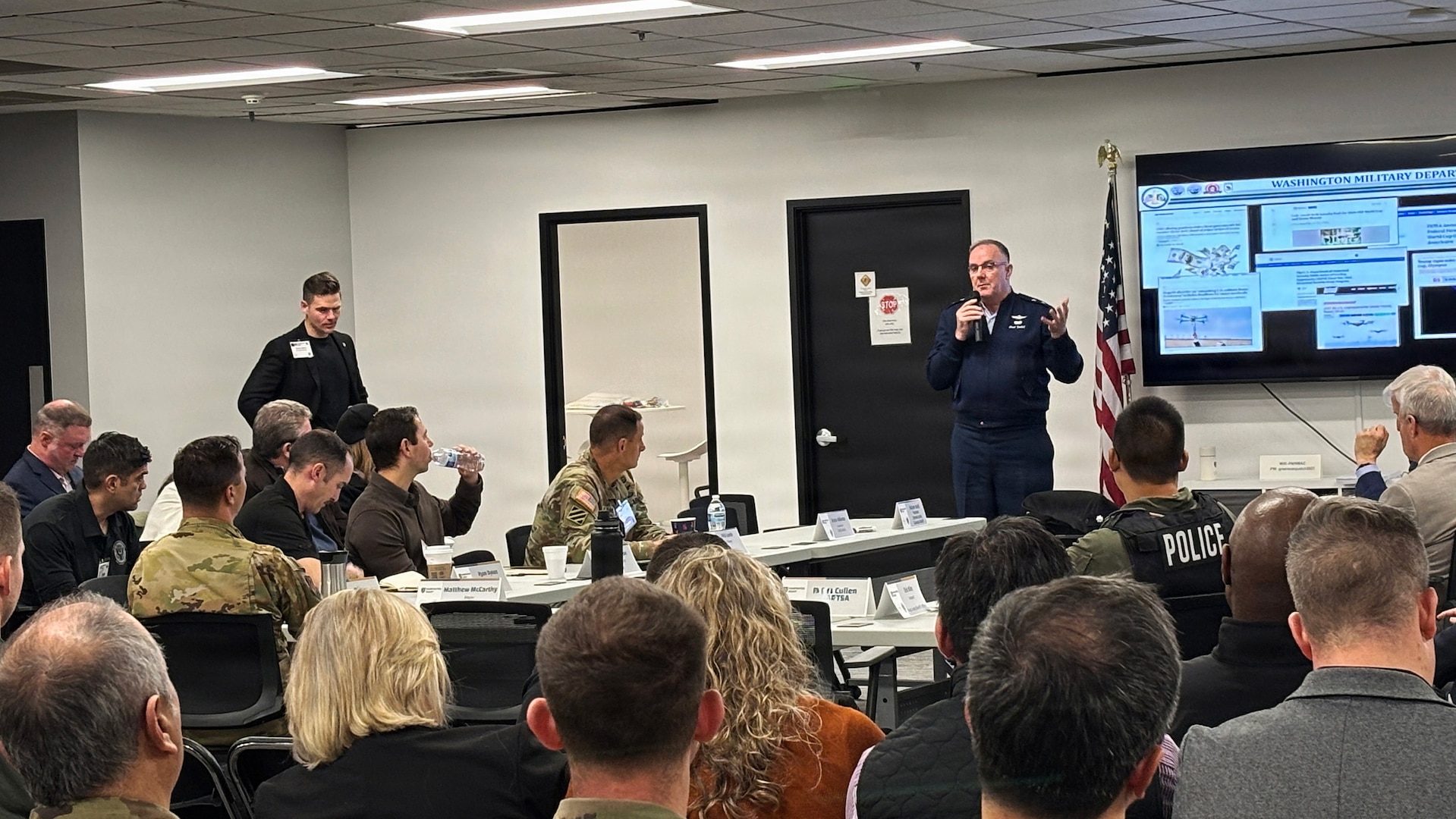Maj. Gen. Gent Welsh, the adjutant general, Washington National Guard, talks with attendees during a Counter-Unmanned Aerial Systems, or CUAS, Summit in Renton, Wash., Nov. 5, 2025.