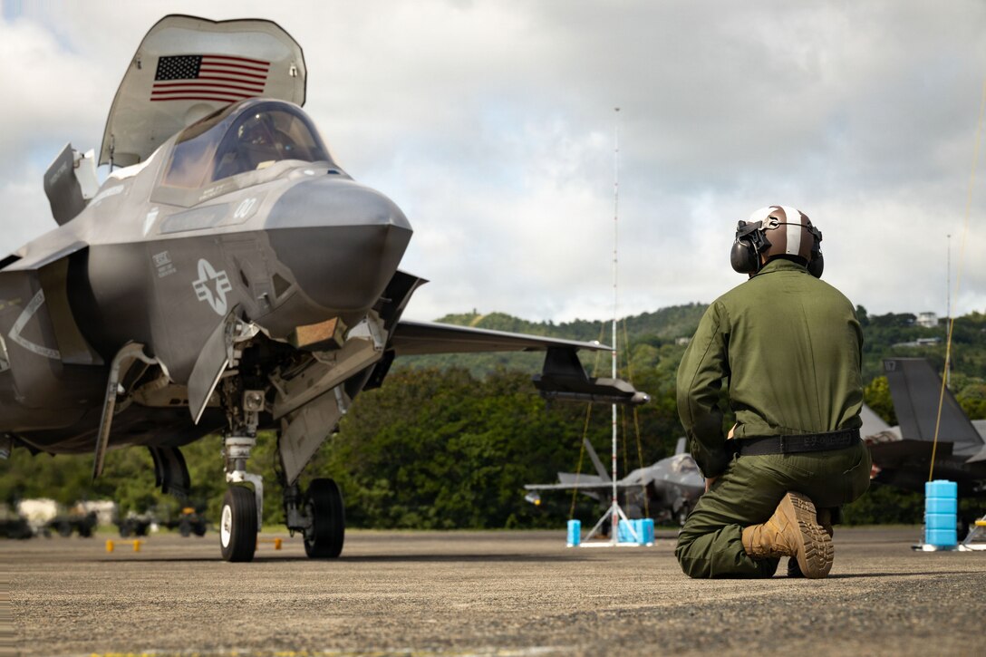A U.S. Marine aircraft maintainer conducts pre-flight inspections on a U.S. Marine Corps F-35B Lightning II assigned to Marine Fighter Attack Squadron (VMFA) 225, U.S. Marine Corps Forces, South at Jose Aponte de la Torre Airport, Puerto Rico, Oct. 17, 2025. U.S. military forces are deployed to the Caribbean in support of the U.S. Southern Command mission, Department of War-directed operations, and the president’s priorities to disrupt illicit drug trafficking and protect the homeland. (U.S. Marine Corps photo by Lance Cpl. Michael Gavin)