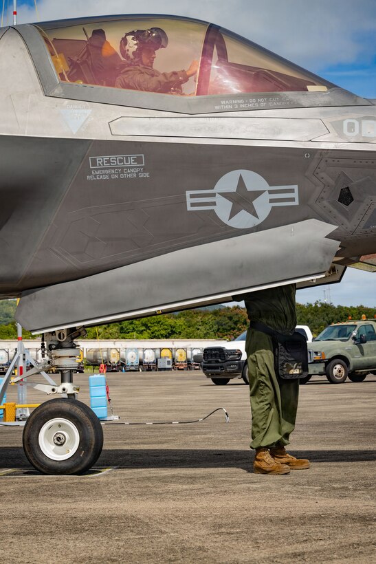 A U.S. Marine pilot operates a Marine Corps F-35B Lightning II, with Marine Fighter Attack Squadron (VMFA) 225, U.S. Marine Corps Forces, South, at Jose Aponte de la Torre Airport, Puerto Rico, Oct. 17, 2025. U.S. military forces are deployed to the Caribbean in support of the U.S. Southern Command mission, Department of War-directed operations, and the president’s priorities to disrupt illicit drug trafficking and protect the homeland. (U.S. Marine Corps photo by Lance Cpl. Michael Gavin)