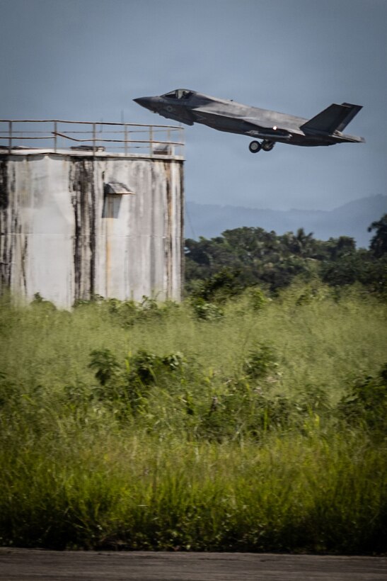 A U.S. Marine Corps F-35B Lightning II assigned to Marine Fighter Attack Squadron (VMFA) 225, U.S. Marine Corps Forces, South, takes off at Jose Aponte de la Torre Airport in Ceiba, Puerto Rico, Oct. 28, 2025. U.S. military forces are deployed to the Caribbean in support of the U.S. Southern Command mission, Department of War-directed operations, and the president’s priorities to disrupt illicit drug trafficking and protect the homeland. (U.S. Marine Corps photo by Lance Cpl. Michael Gavin)