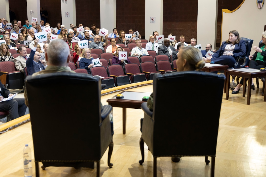 The audience weighs in during a mock Jeopardy game.