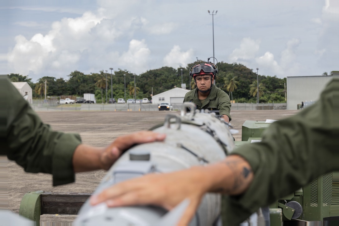 U.S. Marines with Marine Fighter Attack Squadron (VMFA) 225, U.S. Marine Corps Forces, South, load a GBU-54 Laser Joint Direct Attack Munition onto a Short Airfield for Tactical Support loader at Jose Aponte de la Torre Airport, Puerto Rico, Oct. 25, 2025. U.S. military forces are deployed to the Caribbean in support of the U.S. Southern Command mission, Department of War-directed operations, and the president’s priorities to disrupt illicit drug trafficking and protect the homeland. (U.S. Marine Corps photo)