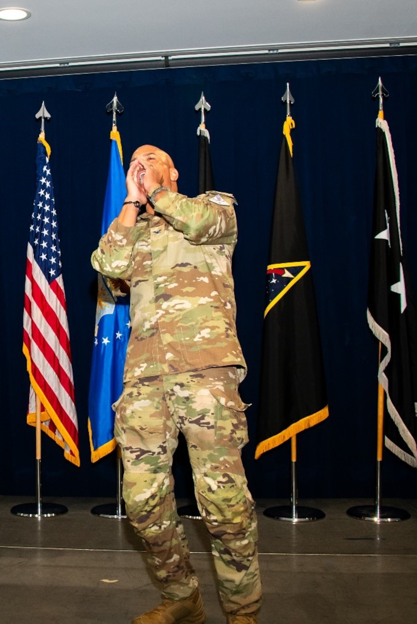 USSF Col. A.J. Ashby, Space Systems Command System Delta 88 (SYD 88) commander, assumes command of SYD 88 with the signature ‘Wolfpack’ team howl at Los Angeles Air Force Base, on September 12, 2025. SYD 88 supports SSC’s Military Communications and Positioning, Navigation, and Timing Program Executive Office and delivers integrated narrowband, tactical, and strategic satellite communications acquisition capabilities for the USSF and joint warfighters. (U.S. Space Force photo by Van Ha)