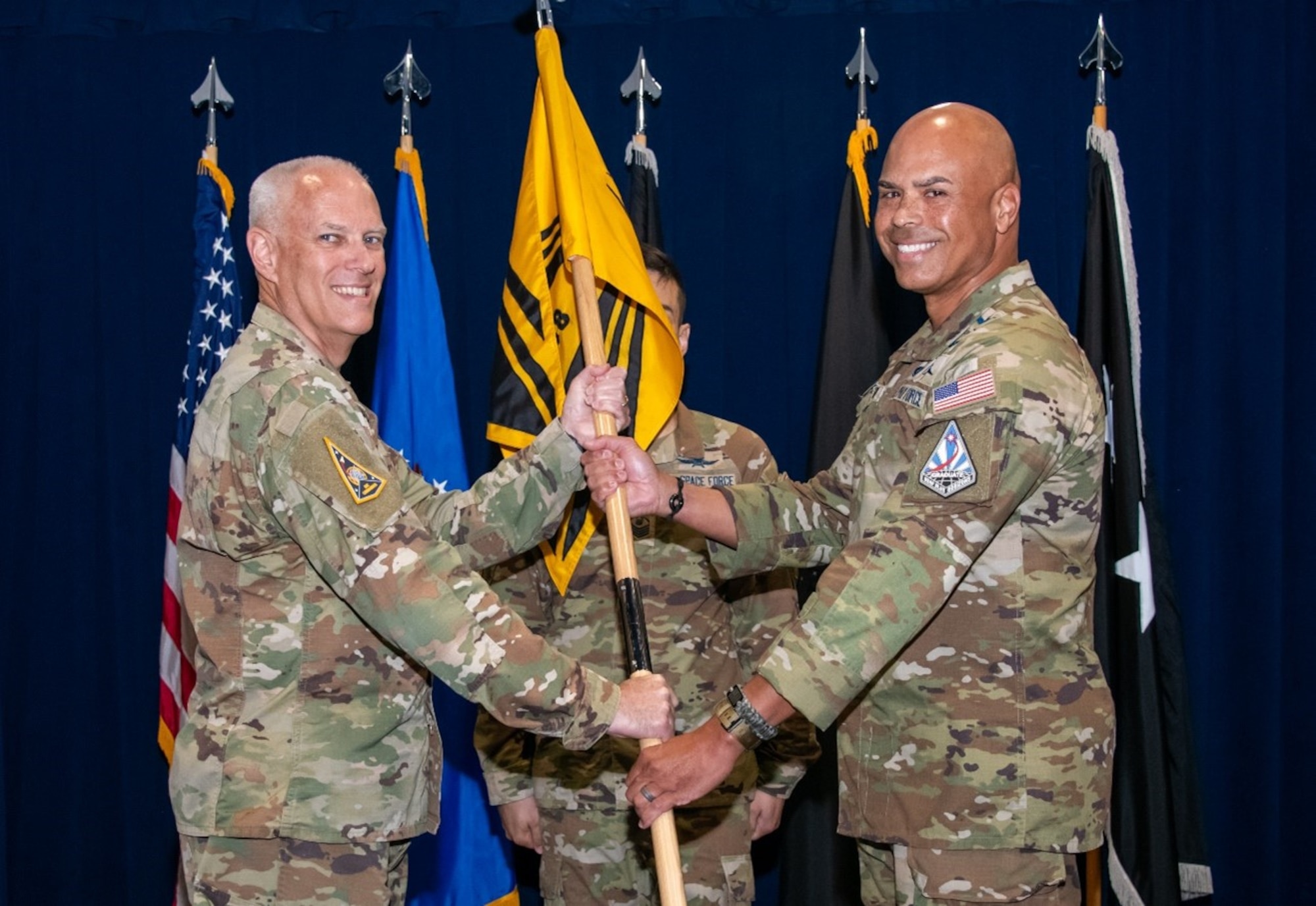 USSF Lt. Gen. Philip Garrant, Space Systems Command commander, presides over the assumption of command ceremony at which USSF Col. A.J. Ashby assumes command of System Delta (SYD 88) at Los Angeles Air Force Base on September 12, 2025. SYD 88 supports the SSC’s Military Communications and Positioning, Navigation, and Timing Program Executive Office and delivers integrated narrowband, tactical, and strategic satellite communications acquisition capabilities for the USSF and joint warfighters. (U.S. Space Force photo by Van Ha)