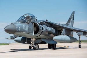 An AV-8B Harrier aircraft, known for its vertical/short takeoff and landing capabilities, utilizes the airfield at the 140th Wing, Buckley Space Force Base, Aurora, Colorado  June 10, 2025.