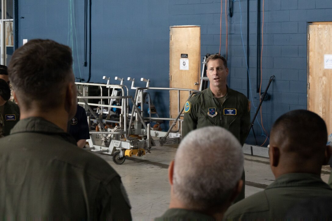 U.S. Air Force Maj. Gen. David A. Mineau, commander, Air Forces Southern, speaks to U.S. Marines with Marine Fighter Attack Squadron (VMFA) 225, U.S. Marine Corps Forces, South, at Jose Aponte de la Torre Airport in Ceiba, Puerto Rico, Oct. 29, 2025. U.S. military forces are deployed to the Caribbean in support of the U.S. Southern Command mission, Department of War-directed operations, and the president’s priorities to disrupt illicit drug trafficking and protect the homeland. (U.S. Marine Corps photo)