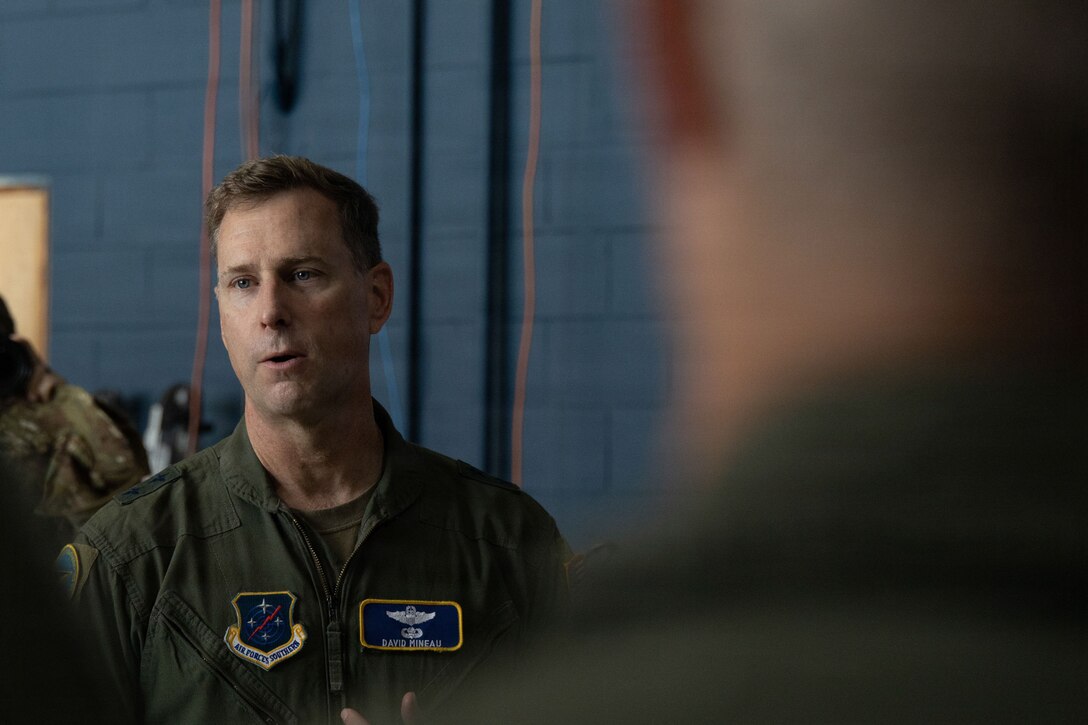 U.S. Air Force Maj. Gen. David A. Mineau, commander, Air Forces Southern, speaks to U.S. Marines with Marine Fighter Attack Squadron (VMFA) 225, U.S. Marine Corps Forces, South, at Jose Aponte de la Torre Airport in Ceiba, Puerto Rico, Oct. 29, 2025. U.S. military forces are deployed to the Caribbean in support of the U.S. Southern Command mission, Department of War-directed operations, and the president’s priorities to disrupt illicit drug trafficking and protect the homeland. (U.S. Marine Corps photo)