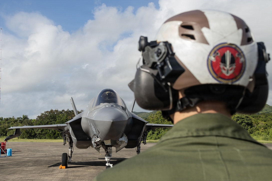 A U.S. Marine with Marine Fighter Attack Squadron (VMFA) 225, U.S. Marine Corps Forces, South, prepares to launch an F-35B Lightning II assigned to VMFA-225 at Jose Aponte de la Torre Airport in Ceiba, Puerto Rico, Oct. 29, 2025. U.S. military forces are deployed to the Caribbean in support of the U.S. Southern Command mission, Department of War-directed operations, and the president’s priorities to disrupt illicit drug trafficking and protect the homeland. (U.S. Marine Corps photo)