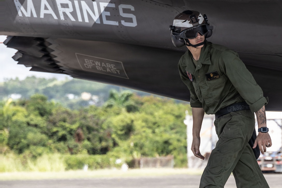 A U.S. Marine with Marine Fighter Attack Squadron (VMFA) 225, U.S. Marine Corps Forces, South, conducts pre-flight inspections on an F-35B Lightning II assigned to VMFA-225 at Jose Aponte de la Torre Airport in Ceiba, Puerto Rico, Oct. 29, 2025. U.S. military forces are deployed to the Caribbean in support of the U.S. Southern Command mission, Department of War-directed operations, and the president’s priorities to disrupt illicit drug trafficking and protect the homeland. (U.S. Marine Corps photo)