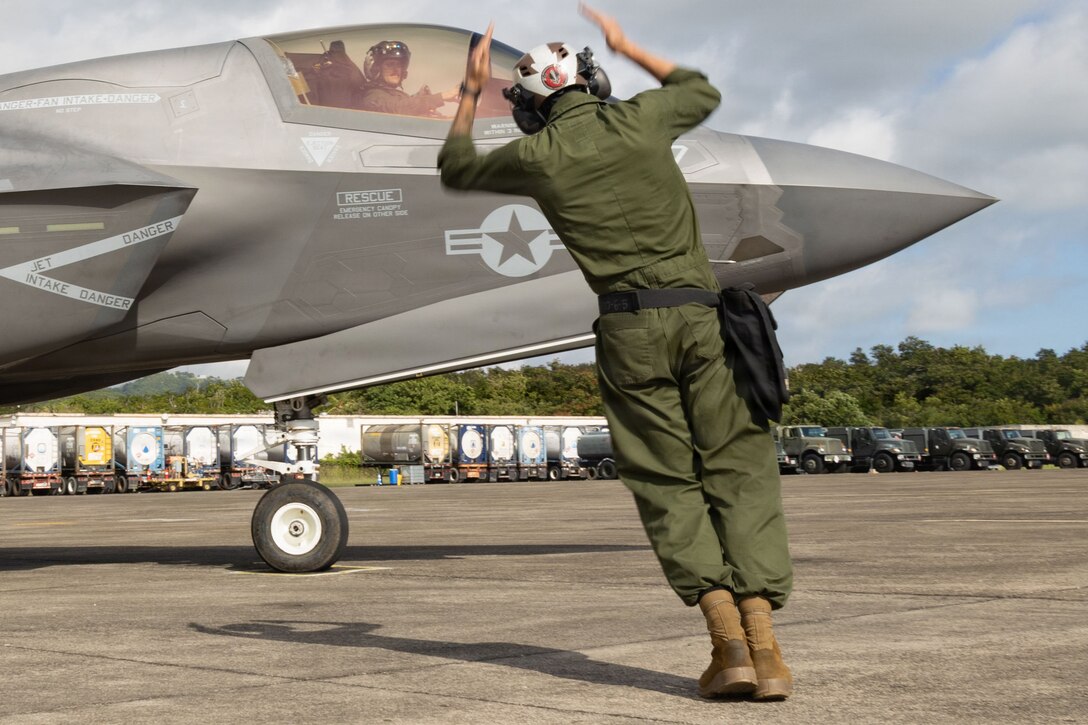 A U.S. Marine with Marine Fighter Attack Squadron (VMFA) 225, U.S. Marine Corps Forces, South, prepares to launch an F-35B Lightning II assigned to VMFA-225 at Jose Aponte de la Torre Airport in Ceiba, Puerto Rico, Oct. 29, 2025. U.S. military forces are deployed to the Caribbean in support of the U.S. Southern Command mission, Department of War-directed operations, and the president’s priorities to disrupt illicit drug trafficking and protect the homeland. (UU.S. Marine Corps photo)