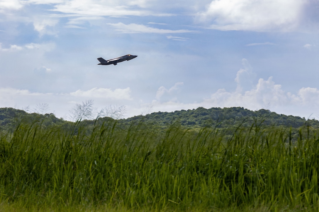 A U.S. Marine Corps F-35B Lightning II with Marine Fighter Attack Squadron (VMFA) 225 takes off from Jose Aponte de la Torre Airport in Ceiba, Puerto Rico, Oct. 29, 2025. U.S. military forces are deployed to the Caribbean in support of the U.S. Southern Command mission, Department of War-directed operations, and the president’s priorities to disrupt illicit drug trafficking and protect the homeland. (U.S. Marine Corps photo)