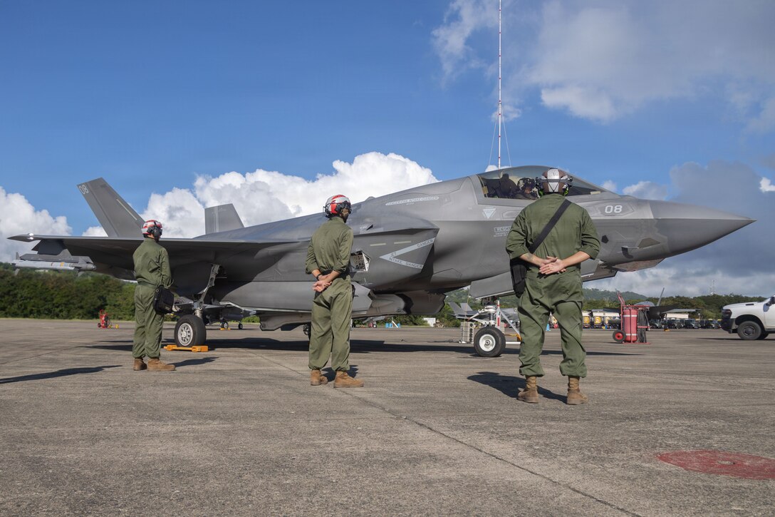 U.S. Marines with Marine Fighter Attack Squadron (VMFA) 225, U.S. Marine Corps Forces, South, prepare to launch a U.S. Marine Corps F-35B Lightning II assigned to VMFA-225 at Jose Aponte de la Torre Airport in Ceiba, Puerto Rico, Nov. 4, 2025. U.S. military forces are deployed to the Caribbean in support of the U.S. Southern Command mission, Department of War-directed operations, and the president’s priorities to disrupt illicit drug trafficking and protect the homeland. (U.S. Marine Corps photo)