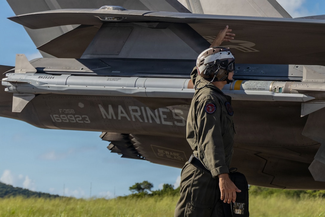 A U.S. Marine with Marine Fighter Attack Squadron (VMFA) 225, U.S. Marine Corps Forces, South, conducts pre-flight inspections on a U.S. Marine Corps F-35B Lightning II assigned to VMFA-225 at Jose Aponte de la Torre Airport in Ceiba, Puerto Rico, Nov. 4, 2025. U.S. military forces are deployed to the Caribbean in support of the U.S. Southern Command mission, Department of War-directed operations, and the president’s priorities to disrupt illicit drug trafficking and protect the homeland. (U.S. Marine Corps photo)