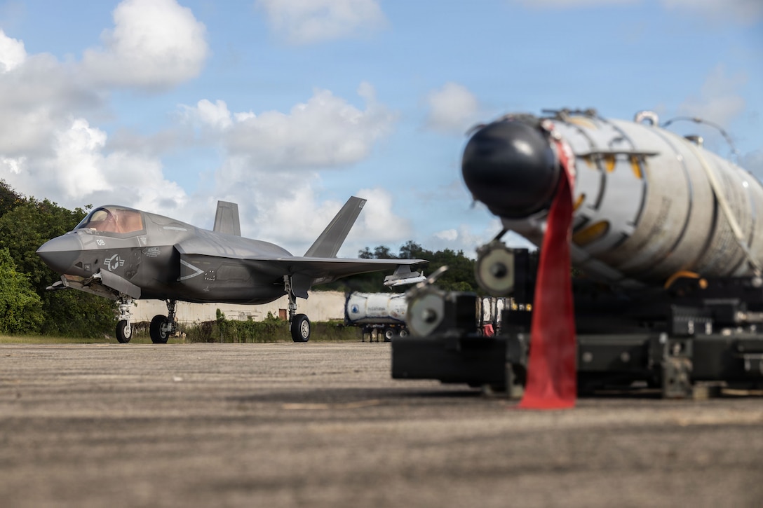A U.S. Marine Corps F-35B Lightning II assigned to Marine Fighter Attack Squadron (VMFA) 225 taxis at Jose Aponte de la Torre Airport in Ceiba, Puerto Rico, Nov. 4, 2025. U.S. military forces are deployed to the Caribbean in support of the U.S. Southern Command mission, Department of War-directed operations, and the president’s priorities to disrupt illicit drug trafficking and protect the homeland. (U.S. Marine Corps photo)
