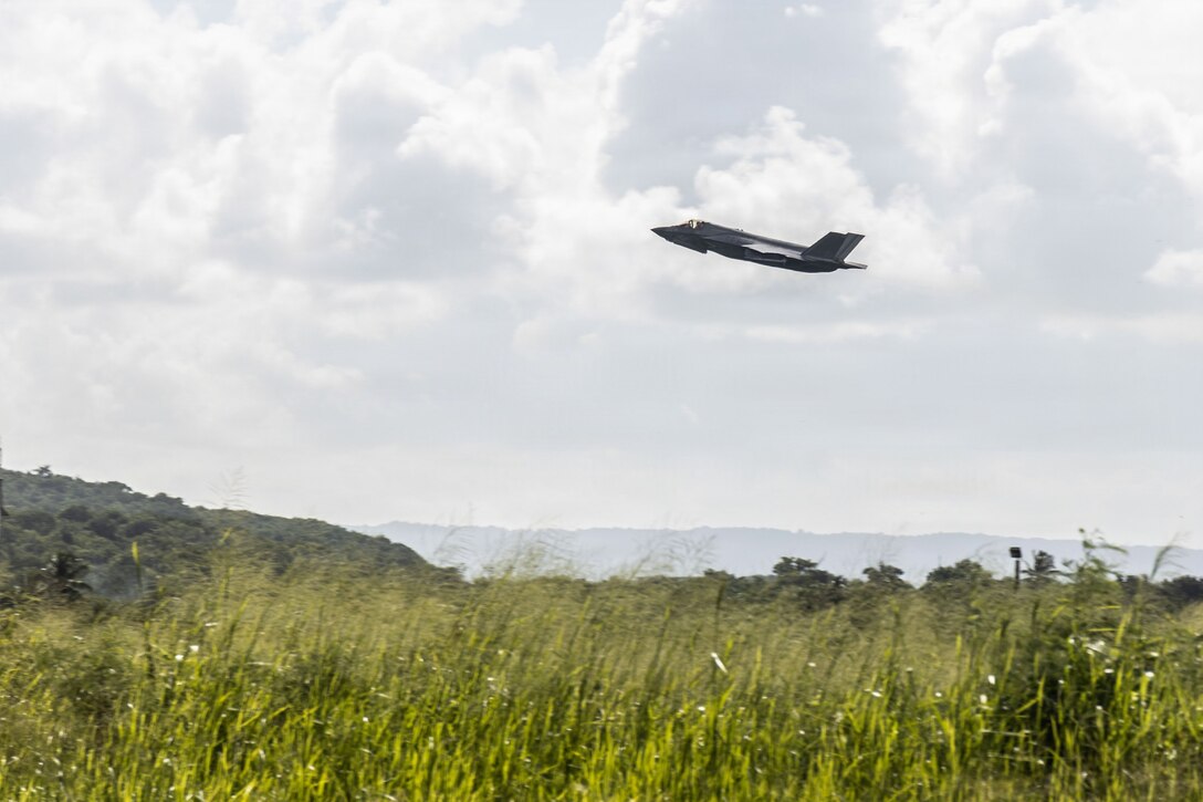 A U.S. Marine Corps F-35B Lightning II assigned to Marine Fighter Attack Squadron (VMFA) 225, U.S. Marine Corps Forces, South takes off from Jose Aponte de la Torre Airport in Ceiba, Puerto Rico, Nov. 4, 2025. U.S. military forces are deployed to the Caribbean in support of the U.S. Southern Command mission, Department of War-directed operations, and the president’s priorities to disrupt illicit drug trafficking and protect the homeland. (U.S. Marine Corps photo)