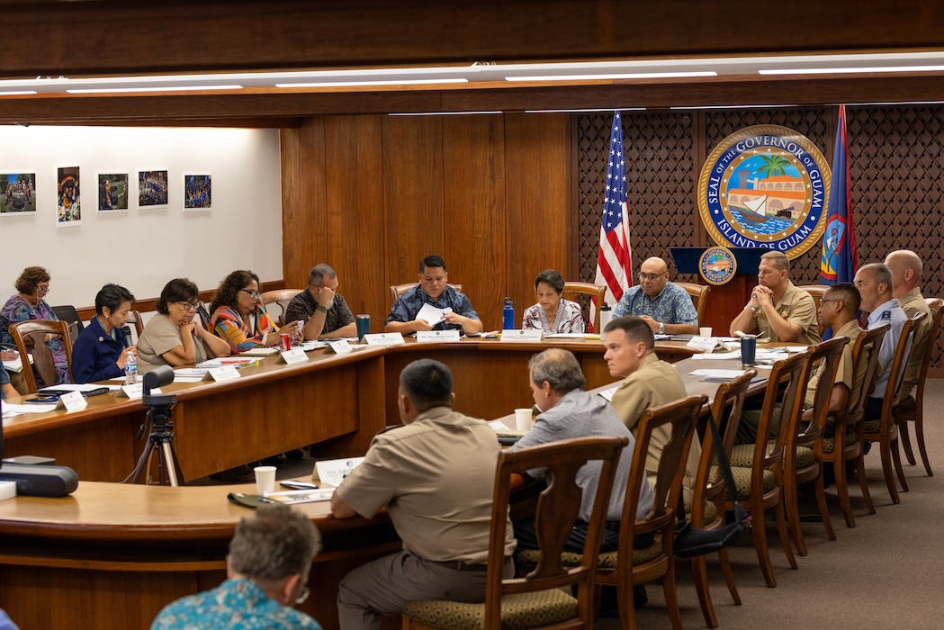 Guam Gov. Lourdes Leon Guerrero, Lt. Gov. Joshua Tenorio, U.S. Navy Rear Adm. Josh Lasky, commander, Joint Task Force-Micronesia, and Rear Adm. Brett Mietus, commander, Joint Region Marianas, provide updates during the Civil-Military Coordination Council meeting at the Ricardo J. Bordallo Complex in Hagatna, Nov. 14.