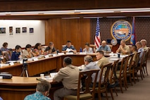 Guam Gov. Lourdes Leon Guerrero, Lt. Gov. Joshua Tenorio, U.S. Navy Rear Adm. Josh Lasky, commander, Joint Task Force-Micronesia, and Rear Adm. Brett Mietus, commander, Joint Region Marianas, provide updates during the Civil-Military Coordination Council meeting at the Ricardo J. Bordallo Complex in Hagatna, Nov. 14.